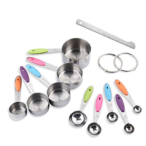 TOPSEAS Tazas y Cucharas medidoras,10 Piezas Cucharas Medidoras de Acero Inoxidable y 1 Regla,con Mango de Silicona para medir Ingredientes líquidos y Secos