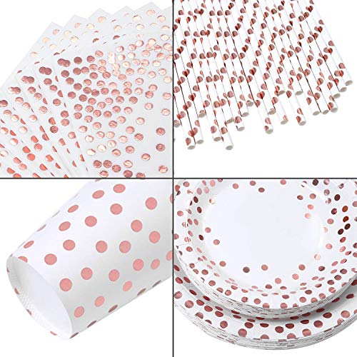 Topways® Oro Rosa Polka Dot Vajilla Desechables Kit,para Mesa de Fiesta para 16 Personas Decoración de Fiesta de Cumpleaños Utensilios para Celebración–Mantel,Platos,Vasos,Servilletas y Pajitas