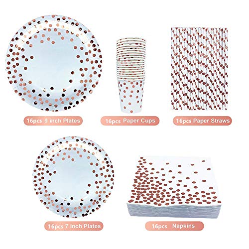 Topways® Oro Rosa Polka Dot Vajilla Desechables Kit,para Mesa de Fiesta para 16 Personas Decoración de Fiesta de Cumpleaños Utensilios para Celebración–Mantel,Platos,Vasos,Servilletas y Pajitas