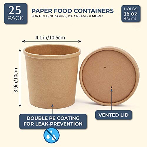 TOROTON 25 Piezas Kraft Vasos de Papel de la Sopa con Las Tapas, 473ml Vasos orgánicos desechable Biodegradable, Helado, Sopa, Almuerzo para Llevar