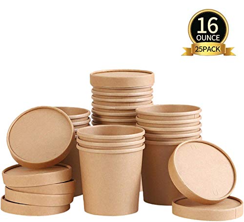 TOROTON 25 Piezas Kraft Vasos de Papel de la Sopa con Las Tapas, 473ml Vasos orgánicos desechable Biodegradable, Helado, Sopa, Almuerzo para Llevar