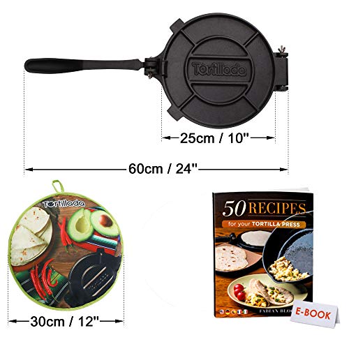 Tortillada – Prensa de Hierro Fundido para Hacer Tortillas + Recetas (25cm) Set + Tortilla Warmer