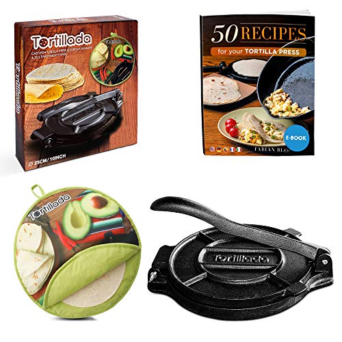 Tortillada – Prensa de Hierro Fundido para Hacer Tortillas + Recetas (25cm) Set + Tortilla Warmer