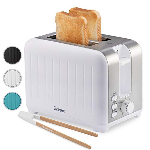 Tostadora Pan Ranura Ancha 3 en 1 - Blanca Mate Inoxidable, Tostadora Vintage - Pinzas de Bambú gratuíta - 7 Niveles Tostado - 850W - Calienta Panecillos y Recoge Migas