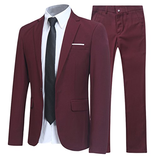 Traje de 2 piezas para hombre compuesto por chaqueta y pantalones, ajuste estrecho, para boda, cena,negocios, casual, disponible en 10 colores Rojo granate M