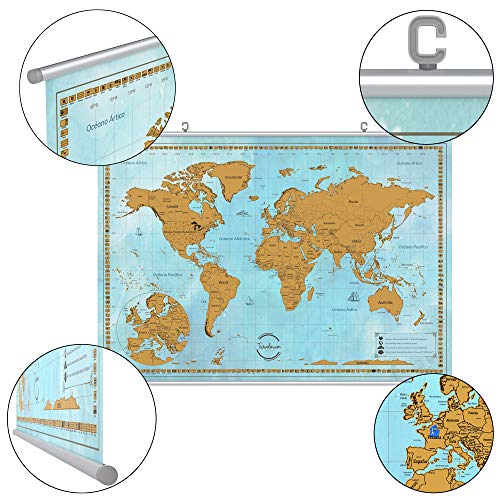 TRAVELORUM Mapa Mundi de Rascar en Español + KIT PARA COLGAR + Mapa de España con Provincias