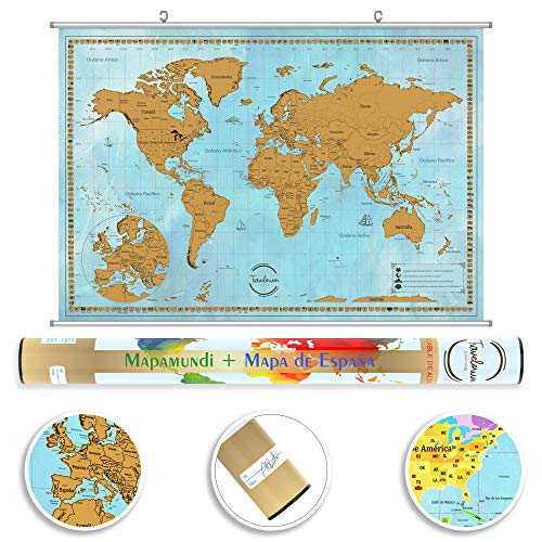 TRAVELORUM Mapa Mundi de Rascar en Español + KIT PARA COLGAR + Mapa de España con Provincias