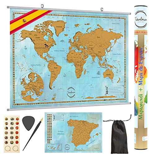 TRAVELORUM Mapa Mundi de Rascar en Español + KIT PARA COLGAR + Mapa de España con Provincias