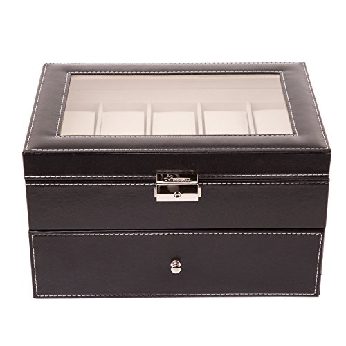 TRESKO® Caja para 20 de Relojes organizador de relojes caja relojero estuche relojero para almacenar relojes, de piel sintética, negro