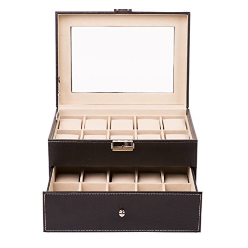 TRESKO® Caja para 20 de Relojes organizador de relojes caja relojero estuche relojero para almacenar relojes, de piel sintética, negro