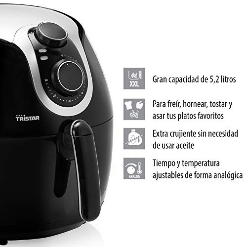 Tristar FR-6996 Crispy XXL - Freidora sin aceite, volumen 5.2 l, 1800 W, cesta antiadherente, panel de control analógico, temporizador y temperatura regulable 80-200 °C, Negro, 33 x 33 x 36 cm