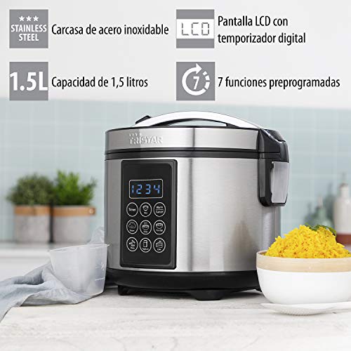 Tristar RK-6132 Arrocera Digital y multicooker, 1.5 l de Capacidad, con función para Mantener el Calor, 500 W, 1.5 litros, 7 Velocidades, Acero Inoxidable/Negro