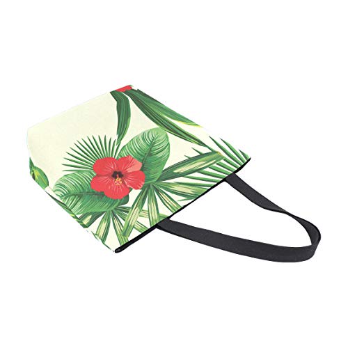 Tropical Leaves Hibiscus Bolsa de lona blanca reutilizable para comestibles, bolsa de transporte con asas