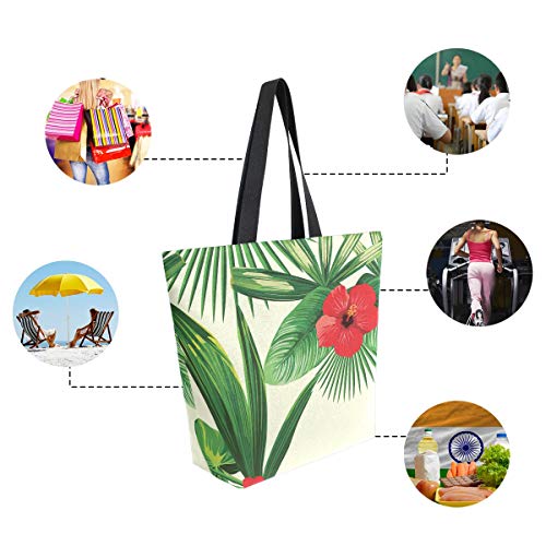 Tropical Leaves Hibiscus Bolsa de lona blanca reutilizable para comestibles, bolsa de transporte con asas