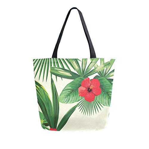 Tropical Leaves Hibiscus Bolsa de lona blanca reutilizable para comestibles, bolsa de transporte con asas