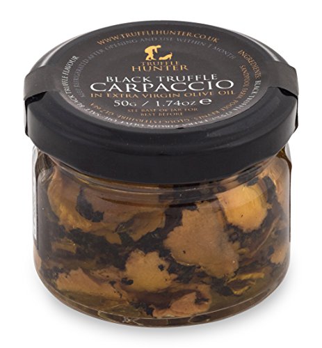 TruffleHunter Carpaccio de Trufa Negra - 50g Vegano Vegetariano Kosher Sin Gluten Sin Frutos Secos Carpaccio Trufas Gourmet Trufas Italianas Trufas Silvestres Tuber Aestivum Trufa Negra Rallada Guarniciones Gourmet Productos Gourmet Delicatessen