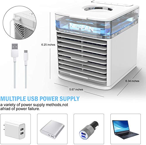 TTMOW Mini Enfriador Portátil USB Aire Acondicionado con 4 en 1 Ventilador Purificador Humidificador Luces Nocturnas de 7 Colores, 3 Velocidades Ajustable y Gran Capacidad de 500ML para Hogar Oficina