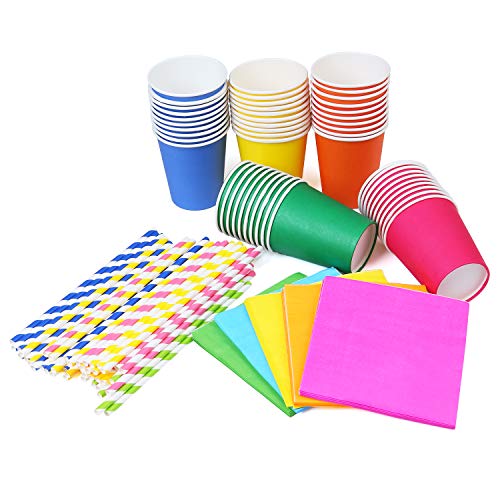 Tupa - Juego de 150 piezas de papel de colores para fiestas, 50 servilletas, 50 pajitas de papel y 50 vasos para cumpleaños, baby shower, boda Color a