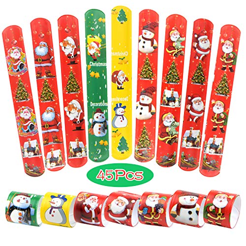 TUPARKA45 PCS Pulseras de palmadas de Navidad Bofetadas Muñequeras con muñeco de nieve de Papá Noel Patrones de árboles de Navidad para niños Fiesta de Navidad Rellenos de bolsas Favores Bolsa de rega