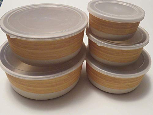 Tuper de Bambu - 5 Tupers de Fibra de Bambú Ecologicos - Material Organico, Reciclable, Biodegradable - Apto Lavavajillas - Resistente y Ligero - Eco, Bio, sin BPA ni Plastico - Apilables - Madera