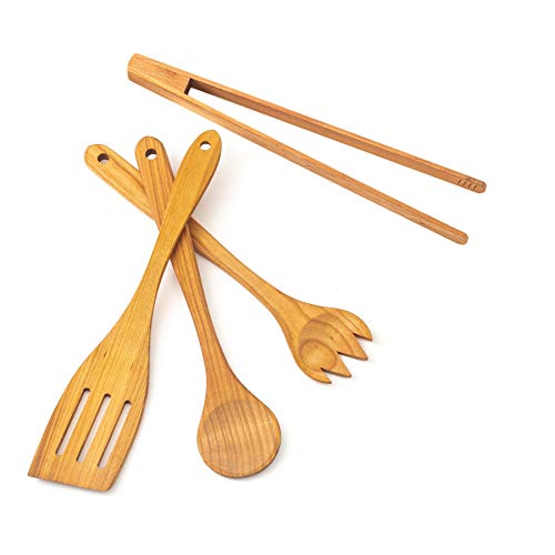 Tuuli Kitchen Set de Utensilios de Cocina Madera de cerezo (cuchara de cucina, espátula, pinzas de barbacoa, tenedor)