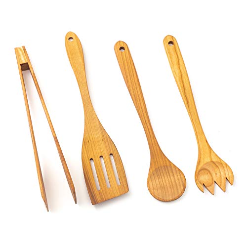 Tuuli Kitchen Set de Utensilios de Cocina Madera de cerezo (cuchara de cucina, espátula, pinzas de barbacoa, tenedor)