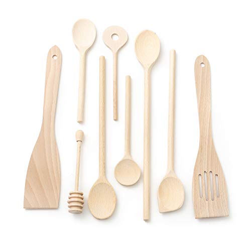 Tuuli Kitchen Set de Utensilios de Cocina Madera de haya (6x cuchara de cocina 18cm-35cm, cuchara para miel, 2x espátula)