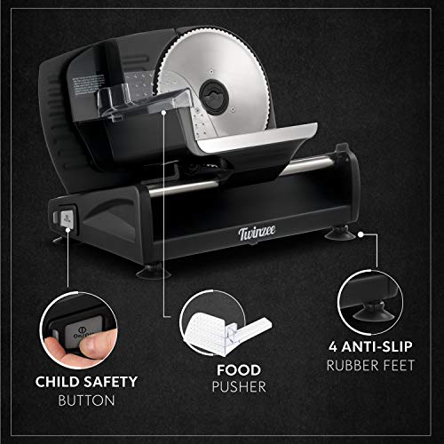 Twinzee Cortafiambres Electrico - Grosor Ajustable de 0 a 15mm - 2 Cuchillas Incluidas - Cortadora de Fiambre, Cortador de Pan, Corte Jamon - Cortador de Verduras Electrico - Carne, Queso, Embutido