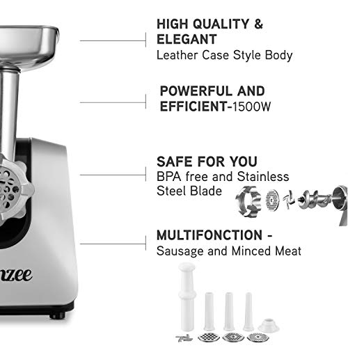 Twinzee Picadora de Carne Eléctrica 1500W (Blanco)- para Carne y Salchichas - Robot Cocina, Picador de Carne con 3 Placas de Corte y 3 Boquillas para Salchichas - Picadora Profesional