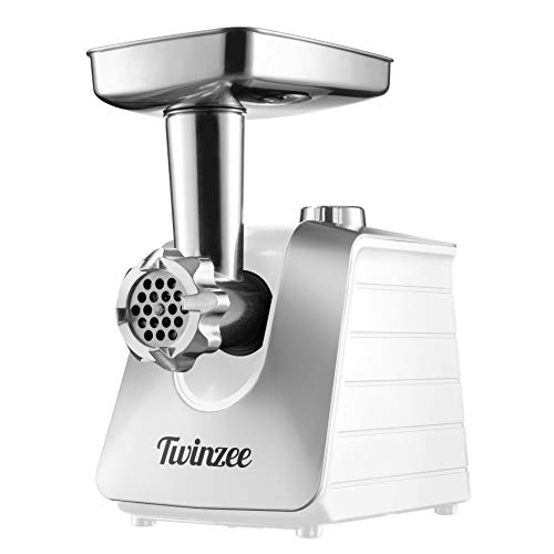 Twinzee Picadora de Carne Eléctrica 1500W (Blanco)- para Carne y Salchichas - Robot Cocina, Picador de Carne con 3 Placas de Corte y 3 Boquillas para Salchichas - Picadora Profesional