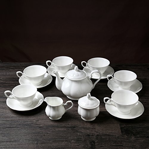 ufengke 15 Piezas Europea Inglés Cerámica Juego De Té, Estilo Minimalista Juego De Té De Porcelana Juego De Café Vintage, para Regalo, La Familia Y La Oficina- Blanco Puro