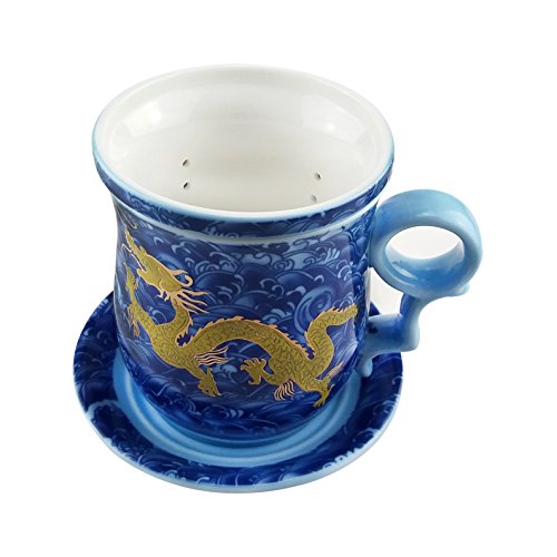 ufengke Jing Dezhen Taza De Té De Porcelana Azul Y Blanca, Conjunto De 4 Piezas Patrón De Golden Dragon, Taza De Té China Con Filtro, Para Regalo, La Familia Y La Oficina - Azul 300 Ml