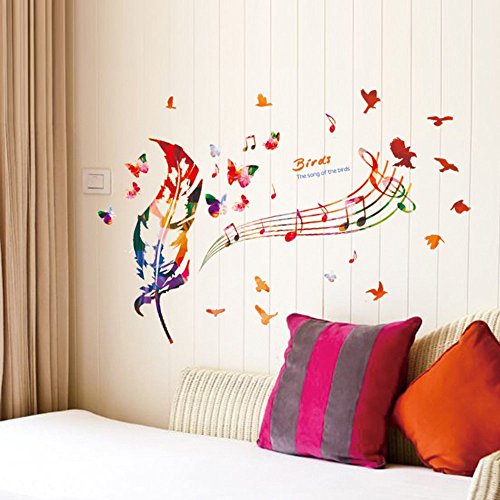 ufengke Notas Musicales en Colores Pegatinas de Pared con Plumas de Colores, Pájaros y Mariposas Decorativo Extraíble DIY Vinilo Pared Calcomanías Sala de Estar, Dormitorio Mural