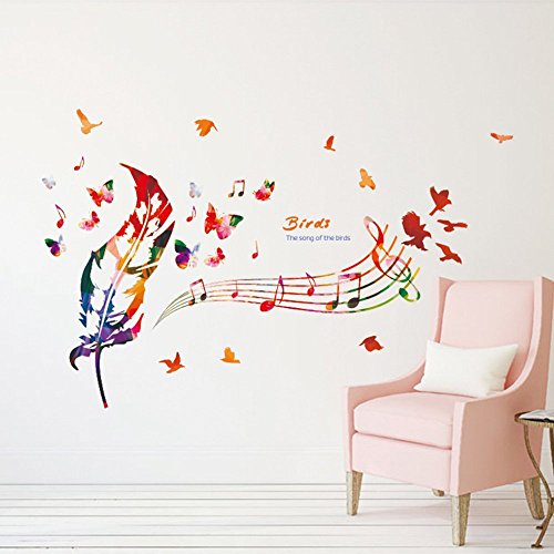 ufengke Notas Musicales en Colores Pegatinas de Pared con Plumas de Colores, Pájaros y Mariposas Decorativo Extraíble DIY Vinilo Pared Calcomanías Sala de Estar, Dormitorio Mural