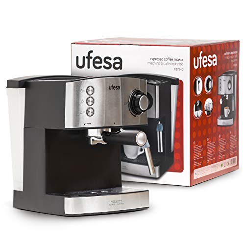 Ufesa CE7240-Cafetera Espresso, 850W, Depósito extraíble de 1,6 l, 20 Bares, Doble opción de preparación de café: Sist Cafetera, 2 Cups, Acero Inoxidable, Negro/Plata