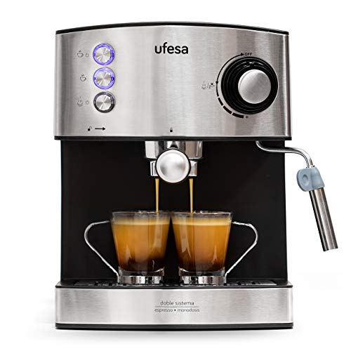 Ufesa CE7240-Cafetera Espresso, 850W, Depósito extraíble de 1,6 l, 20 Bares, Doble opción de preparación de café: Sist Cafetera, 2 Cups, Acero Inoxidable, Negro/Plata