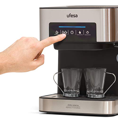 Ufesa CE7255 Cafetera Expresso y Capuccino con Panel Táctil Digital, Vaporizador Orientable, 20, 2 Modos: café Molido o Monodosis, Filtros Bar Cream, Función Calienta Tazas, 850 W, 2 Cups, Negro