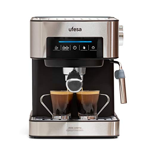 Ufesa CE7255 Cafetera Expresso y Capuccino con Panel Táctil Digital, Vaporizador Orientable, 20, 2 Modos: café Molido o Monodosis, Filtros Bar Cream, Función Calienta Tazas, 850 W, 2 Cups, Negro