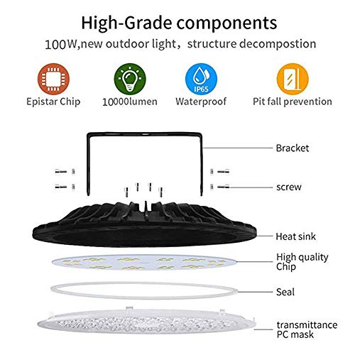 UFO Iluminación LED Alta, Lámpara Industrial Ultra Delgada,Lámpara Industrial de Blanco Frío 6000-6500K (100W, 1Pack)