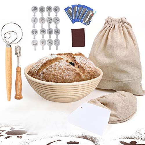 UHAPEER - Cesta fermentación redonda de 22 cm 27 PCS, incluye 5 raspadores masa cortador de masa, 16 PCS plantillas decoración de pan, varilla de agitador de harina, raspador, bolsa de pan de lino