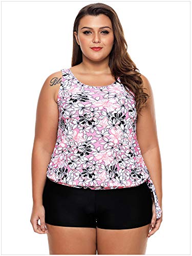 UIOP Trajes de baño, recolección, Cintura Baja, Boxer, Estampado de tamaño más Conservador, Traje de baño Dividido, Tallas de Las Mujeres para Nadar, vadear, Rosa (S-XXXL),S