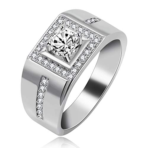 Uloveido Lab creó la Banda de Compromiso de Diamantes Anillo de Bodas Cuadrado para Hombres CZ Crystal Anillos de Aniversario para Hombres Chapado en Oro Blanco (Platino, Talla 19) KR201