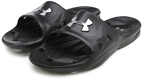 Under Armour Slides UA Locker III Chanclas de hombre, zapatos para playa de secado rápido, chanclas con correa ideales para el vestuario y la piscina, Black/Metallic Silver (001), 10