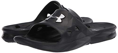 Under Armour Slides UA Locker III Chanclas de hombre, zapatos para playa de secado rápido, chanclas con correa ideales para el vestuario y la piscina, Black/Metallic Silver (001), 10