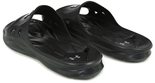 Under Armour Slides UA Locker III Chanclas de hombre, zapatos para playa de secado rápido, chanclas con correa ideales para el vestuario y la piscina, Black/Metallic Silver (001), 10