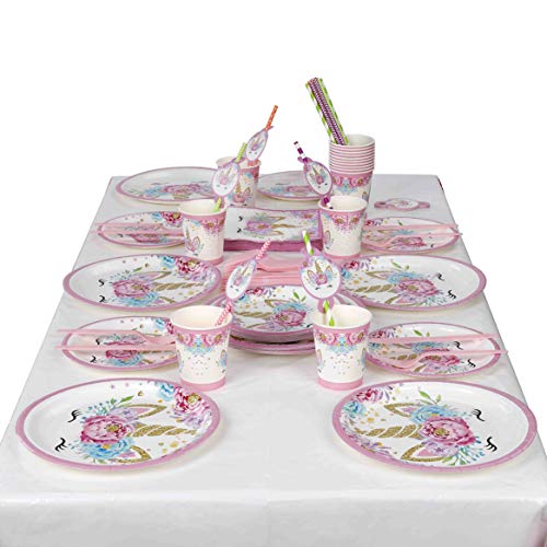 Unicornio Desechable Vajilla Accesorio de Decoración de Fiesta de Cumpleaños para 16 personas Rosa Desechable Plato Servilletas  Taza  Paja Mantel para Niños Niña Baby Shower Boda 113 Piezas