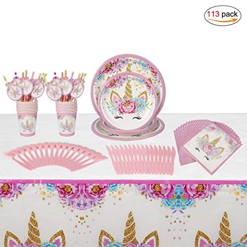 Unicornio Desechable Vajilla Accesorio de Decoración de Fiesta de Cumpleaños para 16 personas Rosa Desechable Plato Servilletas  Taza  Paja Mantel para Niños Niña Baby Shower Boda 113 Piezas