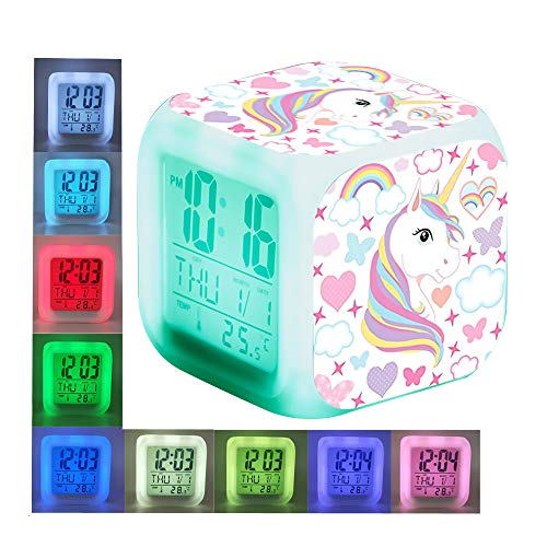 Unicornio Relojes de alarma digitales para niñas, LED de noche que brilla intensamente Reloj LCD con luz para niños Despertar Reloj de cabecera Regalos de cumpleaños para niños Mujeres Dormitorio (7)