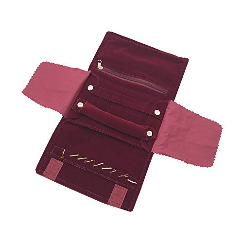 UnionPlus - Pequeño estuche enrollable organizador de joyas para viaje. Apto para collar , pulsera, aretes, anillo, color Borgoña