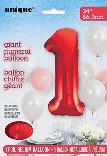 Unique Party- Globo gigante número 1, Color rojo, 86 cm (55851) , color/modelo surtido